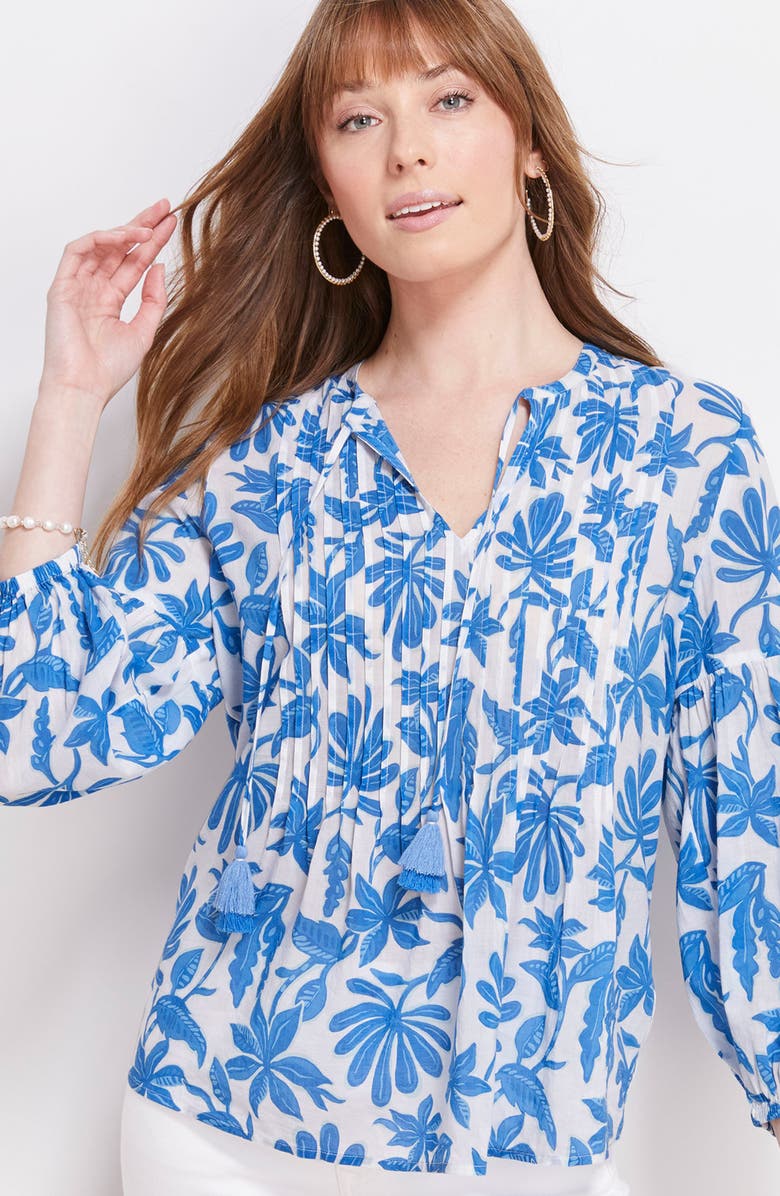 vineyard vines Dumore Floral Pintuck Popover Blouse, Alternate, color, Cay Floral-Hull Blue
