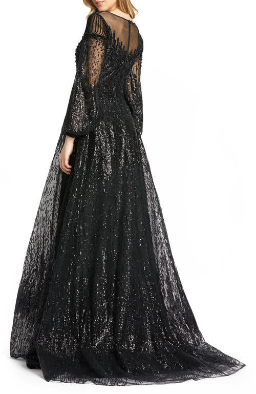 Mac Duggal Jewel Encrusted Illusion Long Sleeve A Line Gown In Black