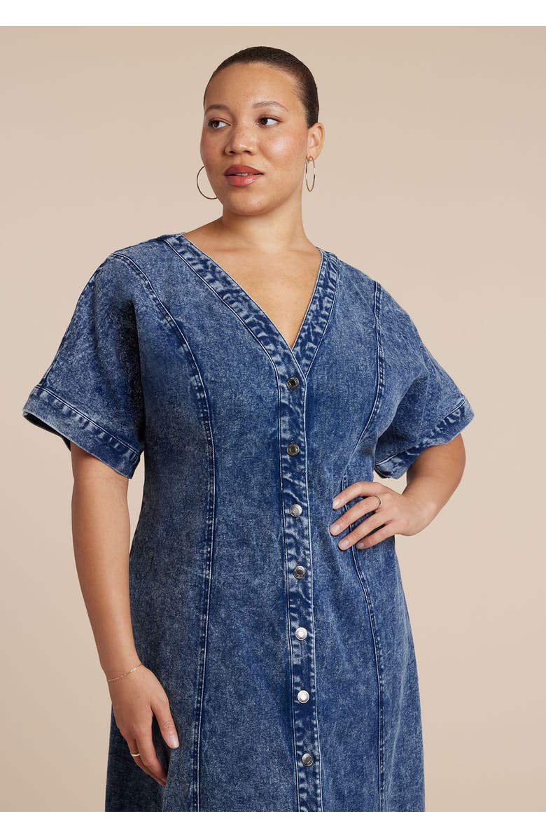 ELOQUII V Neck Flare Denim Dress, Alternate, color, Blue Snow Wash