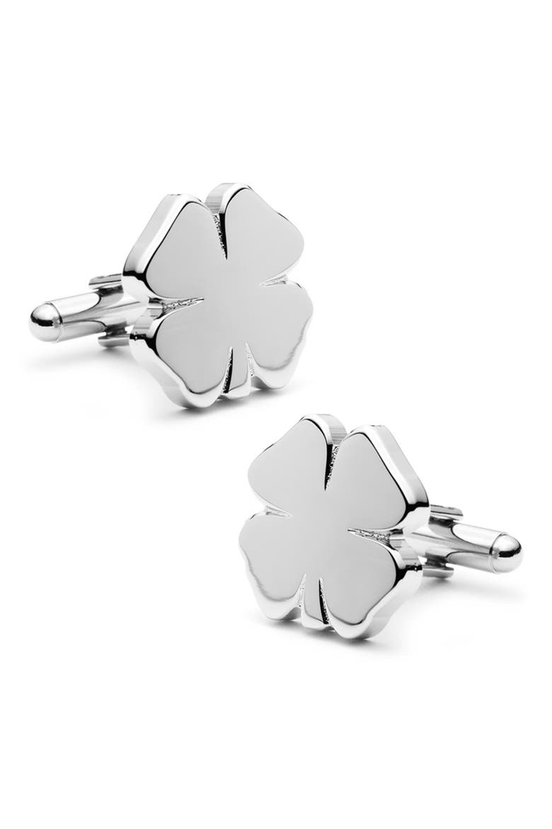 Four Leaf Clover Cuff Links, Main, color, SILVER
