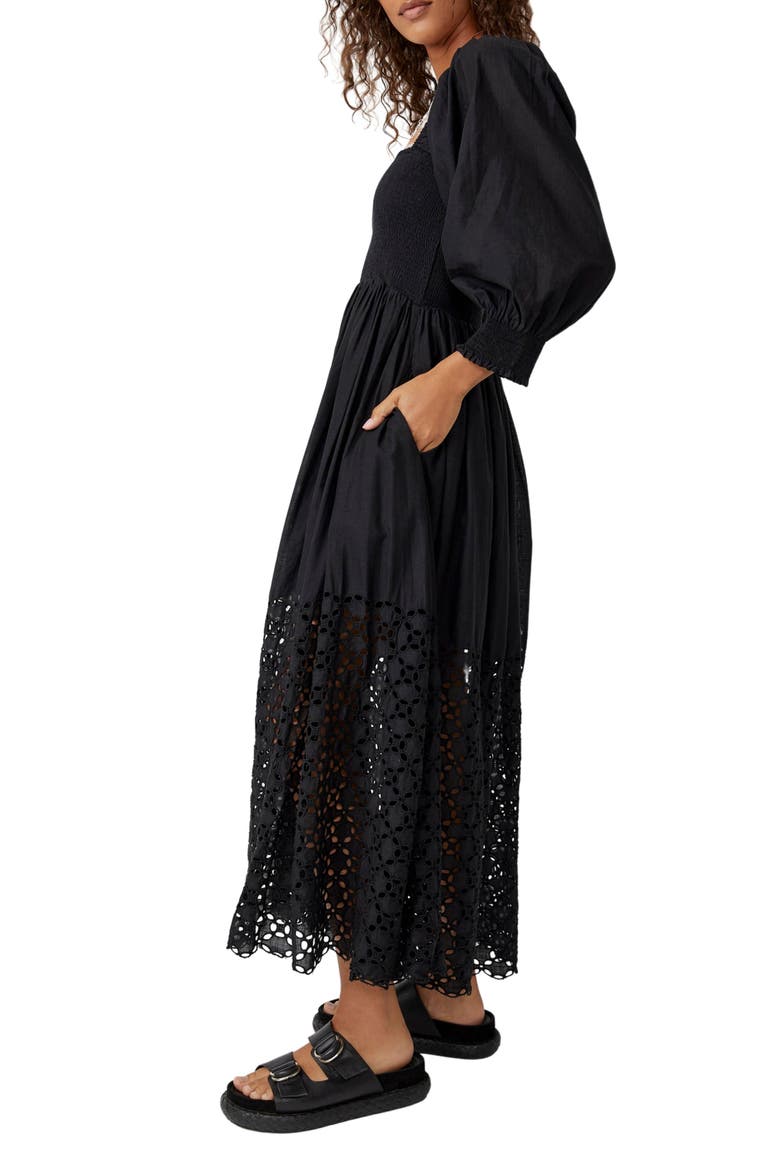 Perfect Storm Smocked Eyelet Long Sleeve Maxi Dress, Alternate, color, BLACK