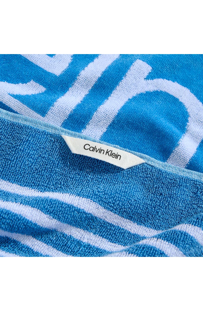 Calvin Klein Pinstripe Logo Beach Towel, Alternate, color, Jasper Blue/White