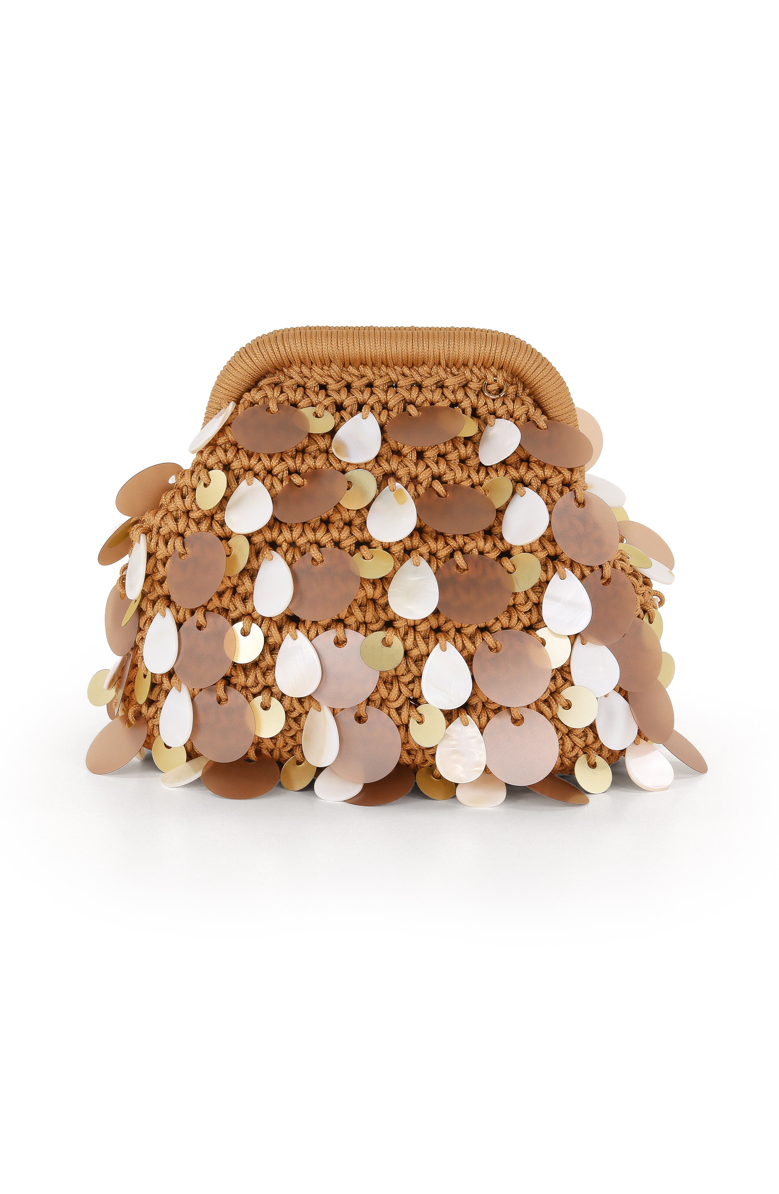 Jewel Badgley Mischka Marigold Crochet Corded Pouch Clutch w. Payette, Main, color, Gold