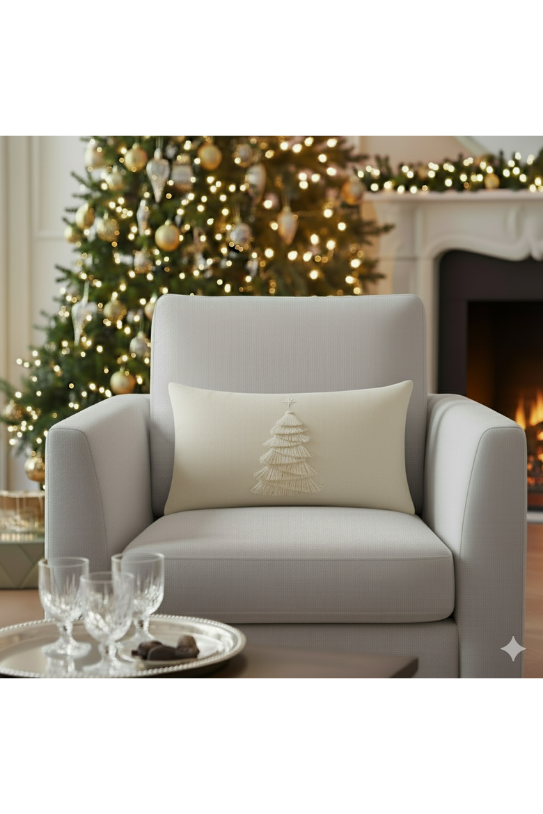 Fraser Fir Handmade Applique Woven Accent Holiday Pillow, Alternate, color, Ivory