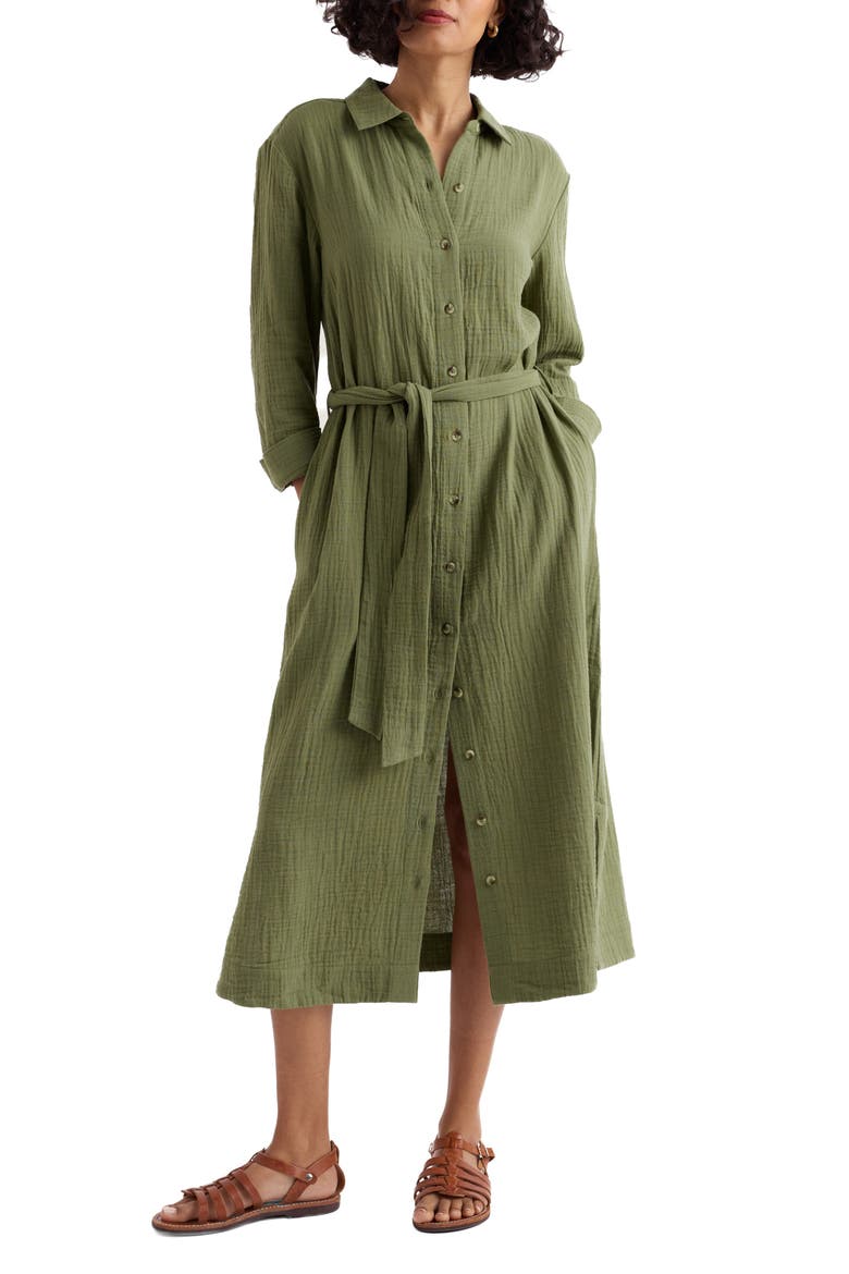 Whitsand Cove Long Sleeve Organic Cotton Gauze Shirtdress, Main, color, CYPRESS