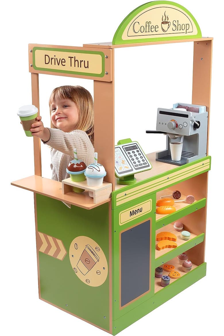 Coffee Shop Wooden Playset - Drive Thru Window Fun - 25 Pieces, Includes Frappuccino w Straws, Espresso Maker, Bread, Pastries, and more!, Alternate, color, Green