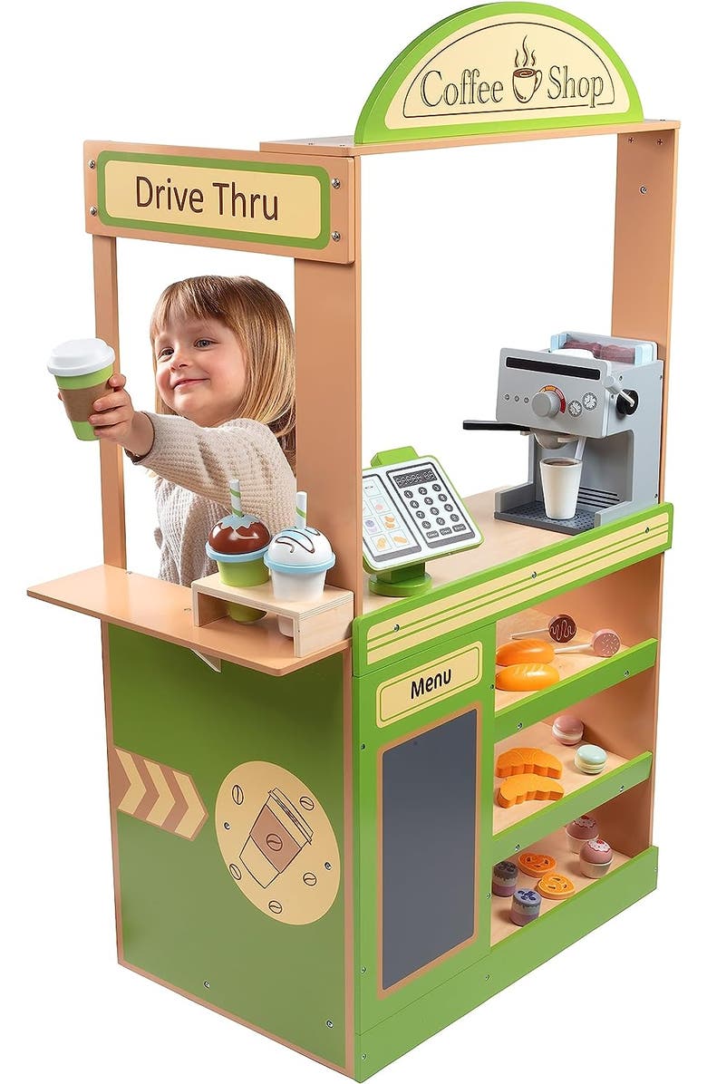 SVAN Coffee Shop Wooden Playset - Drive Thru Window Fun - 25 Pieces, Includes Frappuccino w Straws, Espresso Maker, Bread, Pastries, and more!, Alternate, color, Green