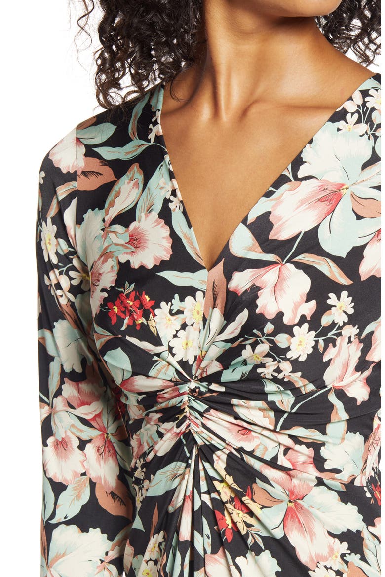 Floral Twist Front Fit & Flare Jersey Dress, Alternate, color, BLACK