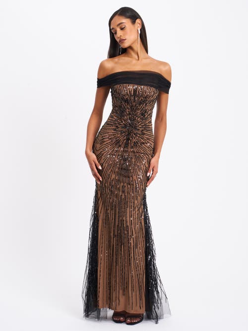 Miss Circle Women Qeturah Embroidered Sequin Off Shoulder Mesh Gown In Brown