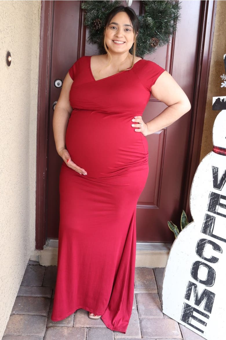 Off Shoulder Wrap Maternity Photoshoot Gown/Dress, Main, color, Burgundy