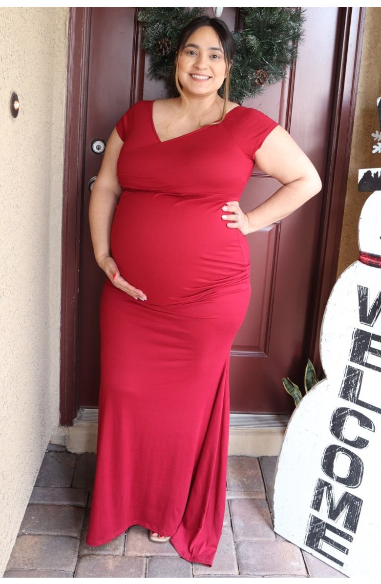 PinkBlush Off Shoulder Wrap Maternity Photoshoot Gown/Dress, Main, color, Burgundy