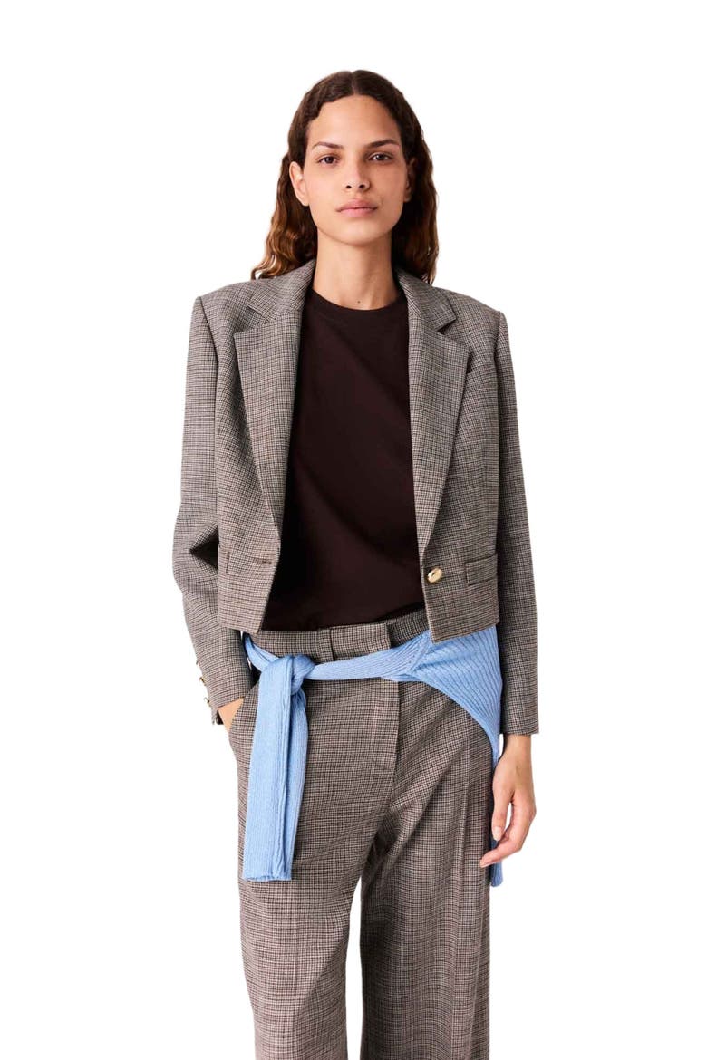 Short Checked Suit Jacket, Alternate, color, Brown