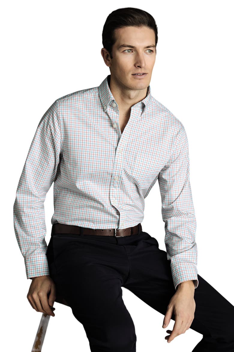 Slim Fit Button-Down Collar Non-Iron Stretch Poplin Check Shirt, Alternate, color, Coral Pink