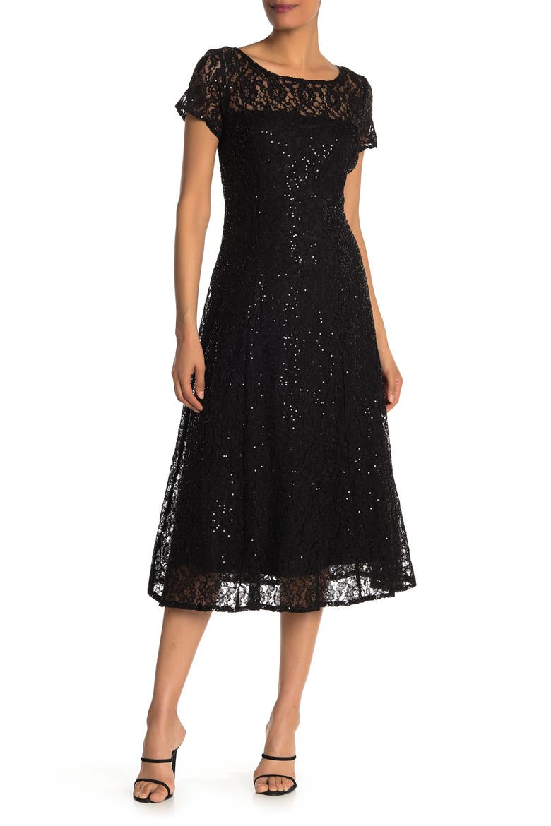 Sequin Lace Midi Dress, Main, color, BLK