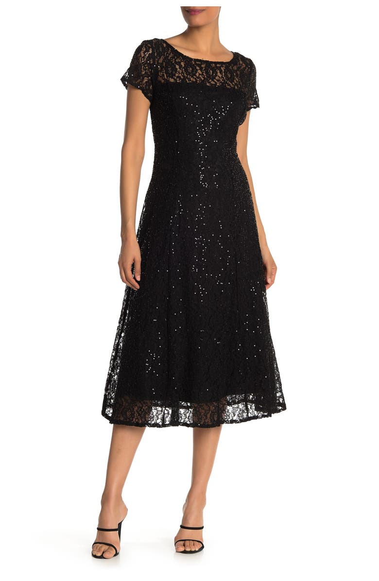 SL FASHIONS Sequin Lace Midi Dress, Main, color, Blk