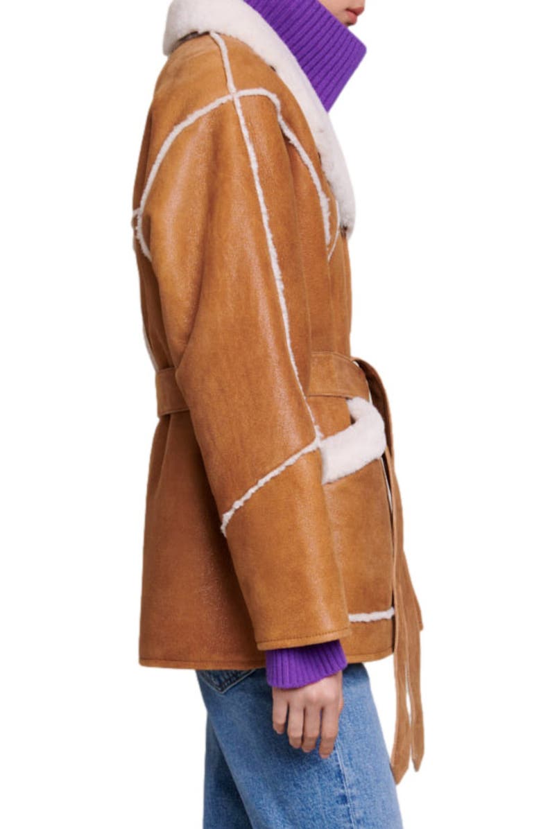 maje Belted Genuine Shearling Jacket, Alternate, color, 