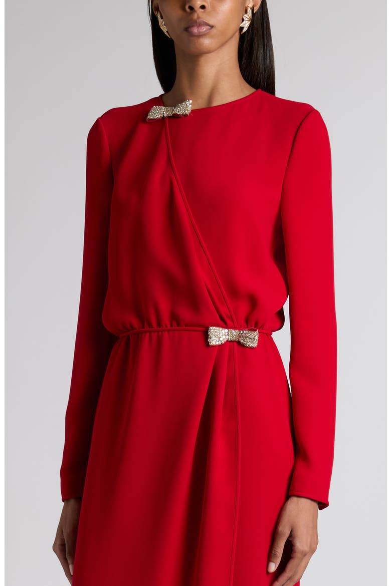 Crystal Bow Detail Long Sleeve Silk Cady Couture Dress, Alternate, color, RED