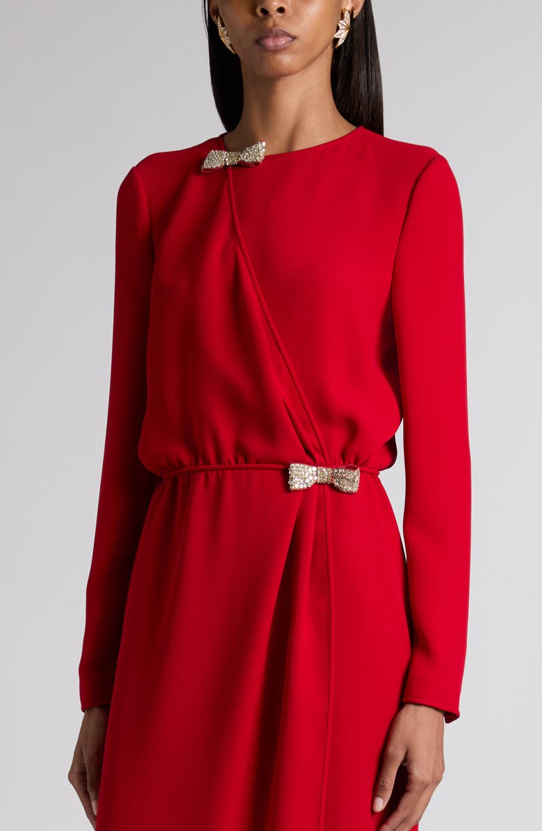 Valentino Crystal Bow Detail Long Sleeve Silk Cady Couture Dress, Alternate, color, Red