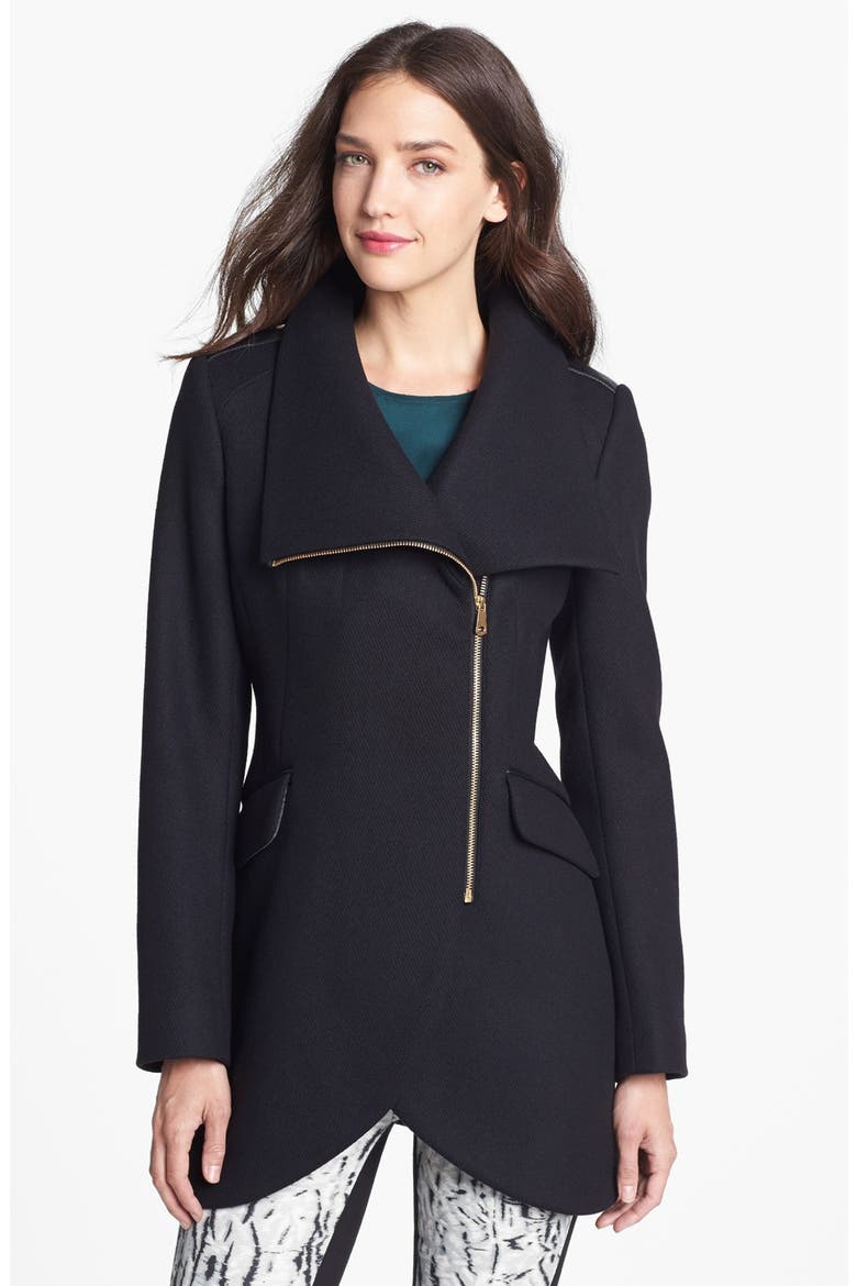 Leather Trim Asymmetrical Cutaway Coat, Main, color, BLACK