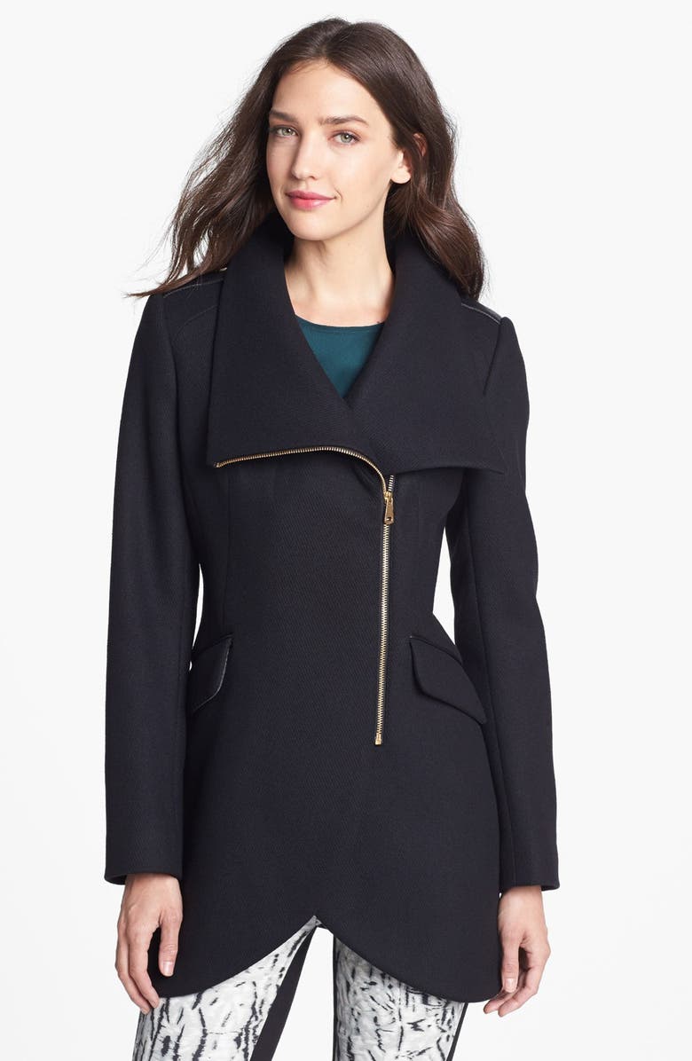 French Connection Leather Trim Asymmetrical Cutaway Coat, Main, color, 