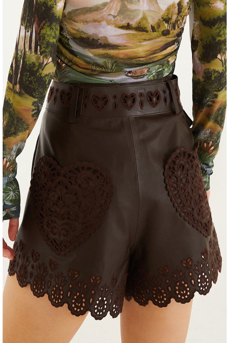Hearts Cutout Belted Leather Shorts, Alternate, color, BROWN