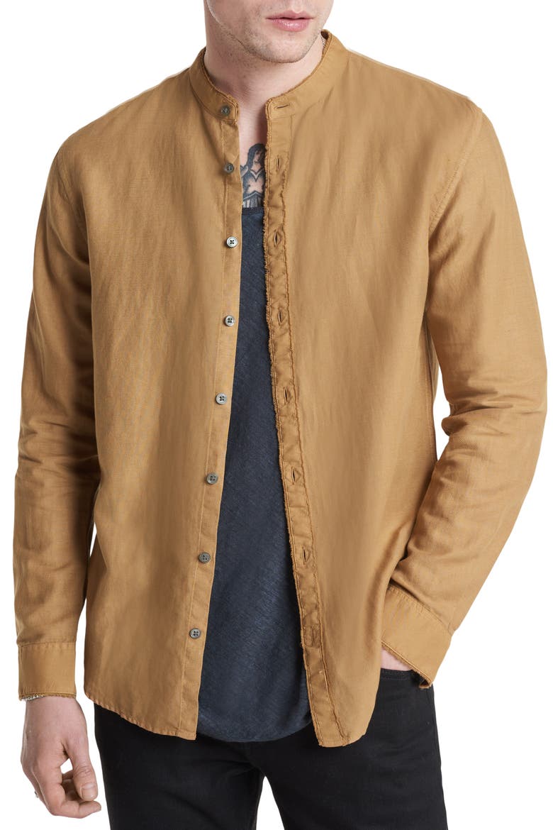 Slim Fit Band Collar Stretch Button-Up Shirt, Main, color, BROWN SUGAR