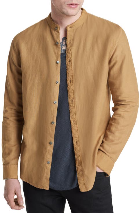 Slim Fit Band Collar Stretch Button-Up Shirt