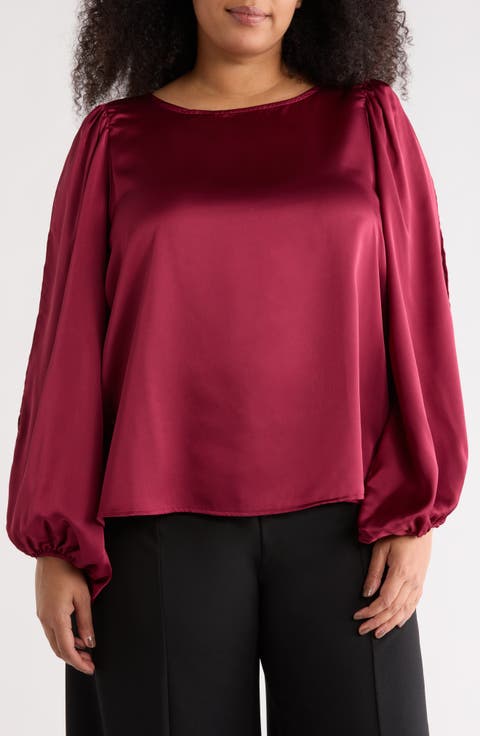 Cutout Long Sleeve Satin Top (Plus)