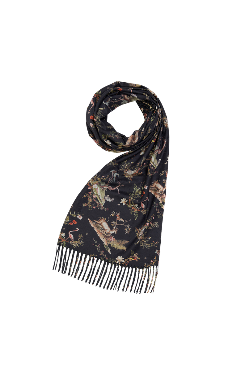 Fable England Wonderland Toile Fringe Scarf, Main, color, Black