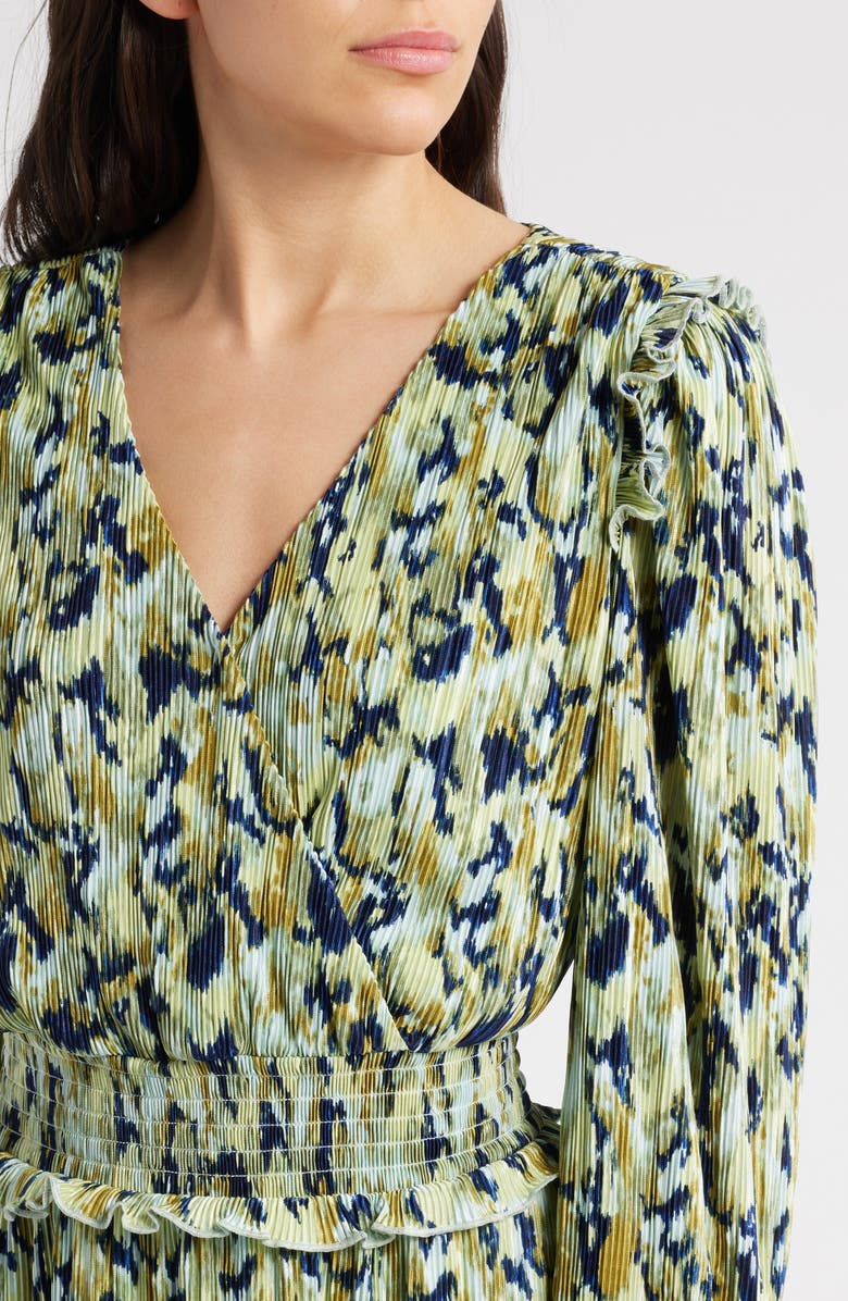 Chelsea28 Plissé Smocked Waist Long Sleeve Minidress, Alternate, color, Blue- Green Textured Floral