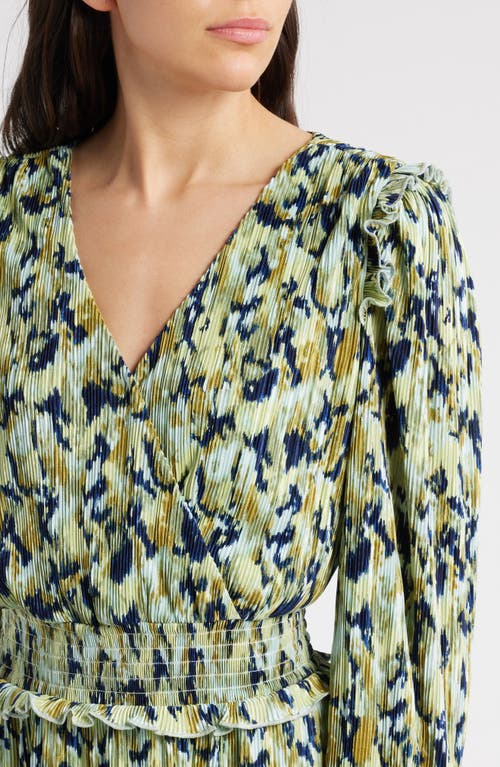 Chelsea28 Plissé Smocked Waist Long Sleeve Minidress In Blue- Green Textured Floral