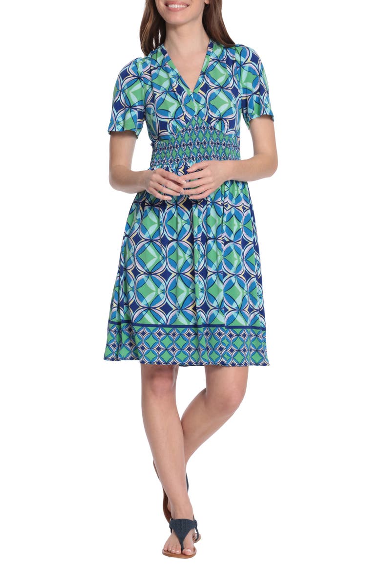 V-Neck Short Sleeve Geometric Print Fit & Flare Dress, Main, color, WHITE/ BLUE