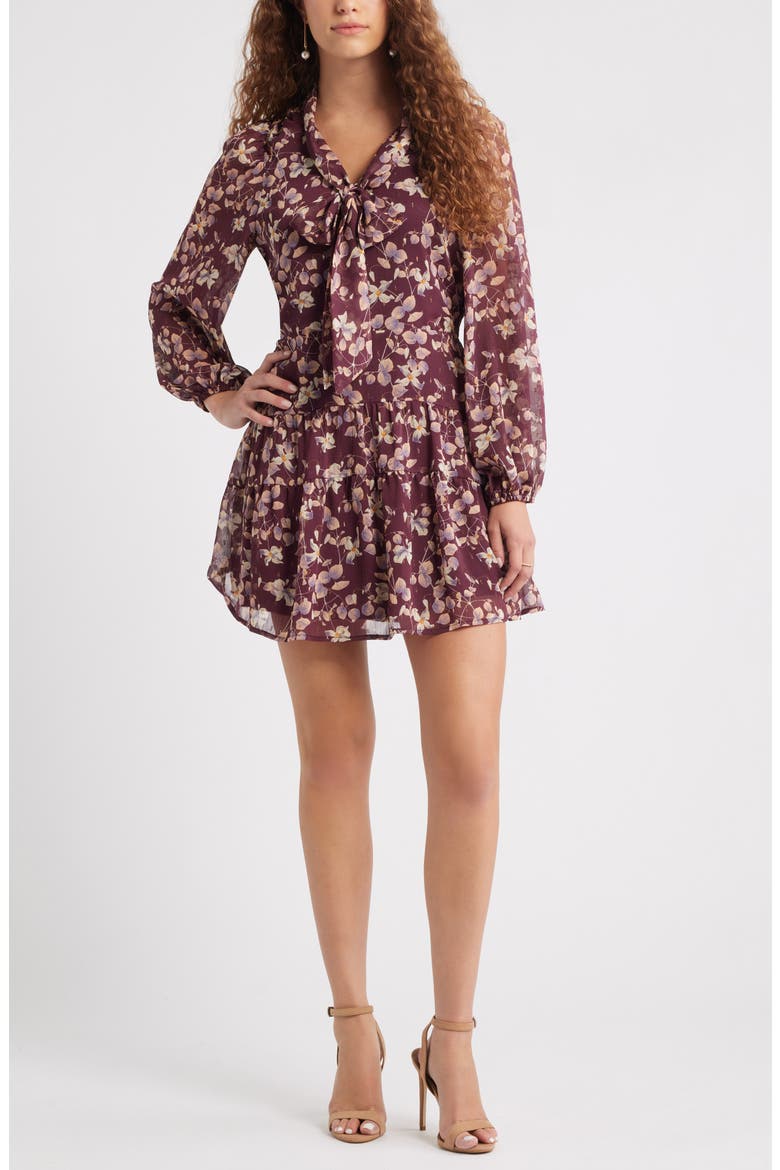 Metallic Tie Neck Long Sleeve Tiered Dress, Main, color, BURGUNDY- PINK MAPLE FLORAL