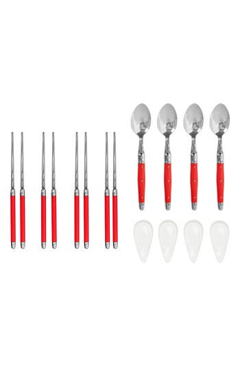 French Home 12-piece Laguiole Spoons, Chopsticks & Ceramic Rest Set In Red