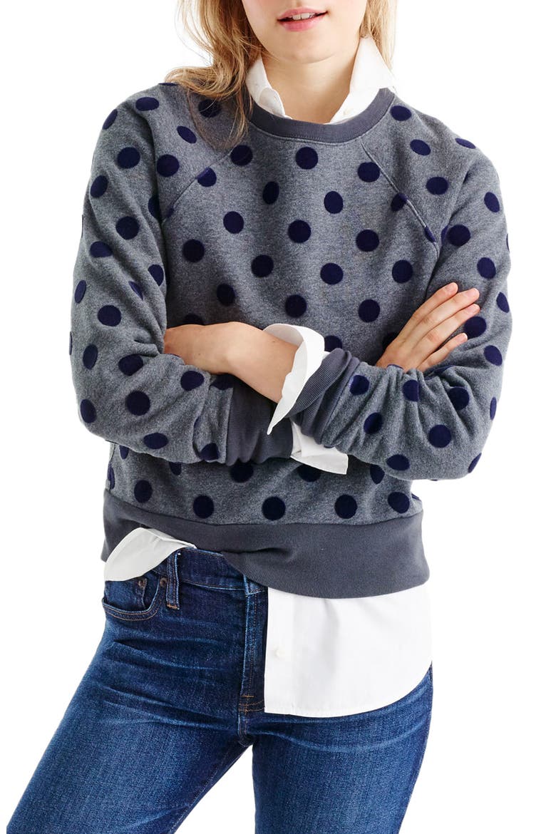 J.Crew Textured Polka Dot Raglan Sweatshirt, Main, color, HEATHER QUARTZ NAVY