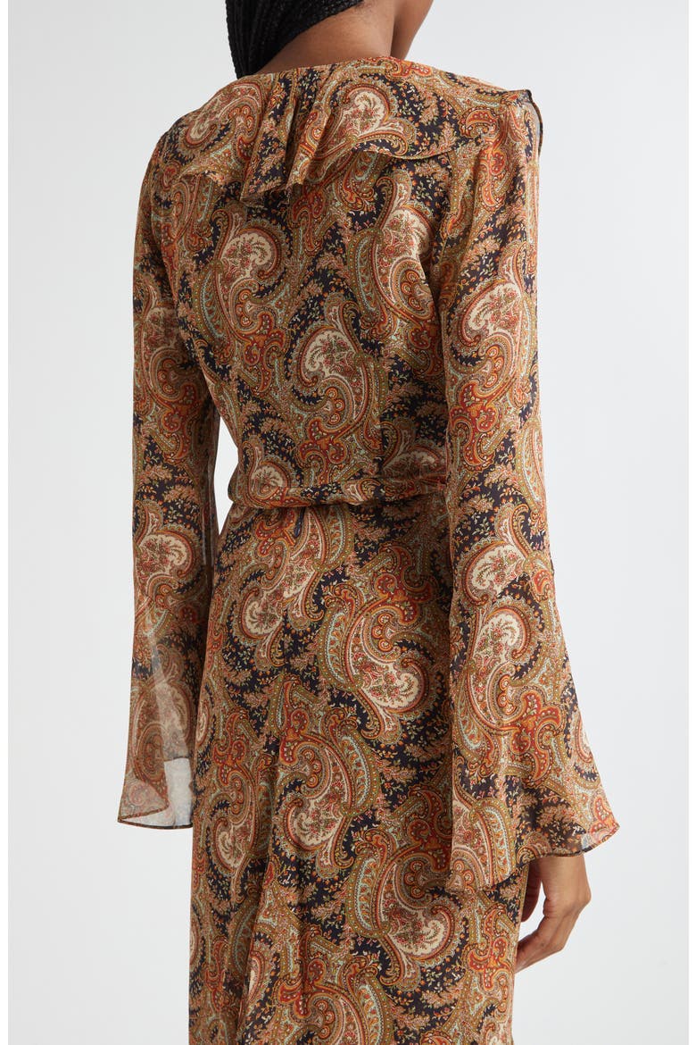 Kyrie Ruffle Bell Sleeve Silk Button-Up Shirt, Alternate, color, NAVY MULTI