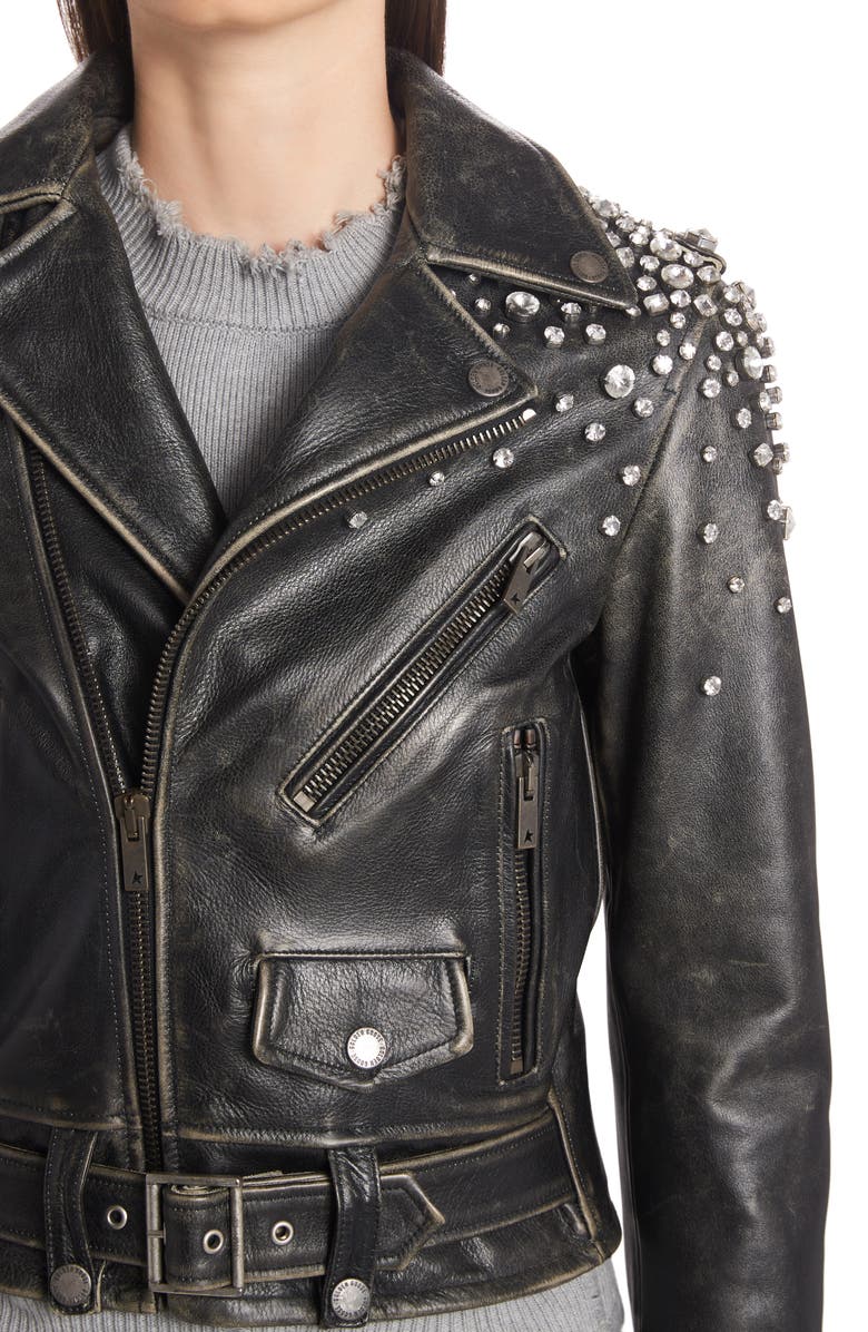 Golden Goose Chiodo Destiny Crystal Embellished Leather Moto Jacket, Alternate, color, Black