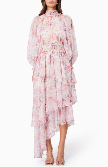 Elliatt Astrid Floral Print Long Sleeve Asymmetric Chiffon Dress