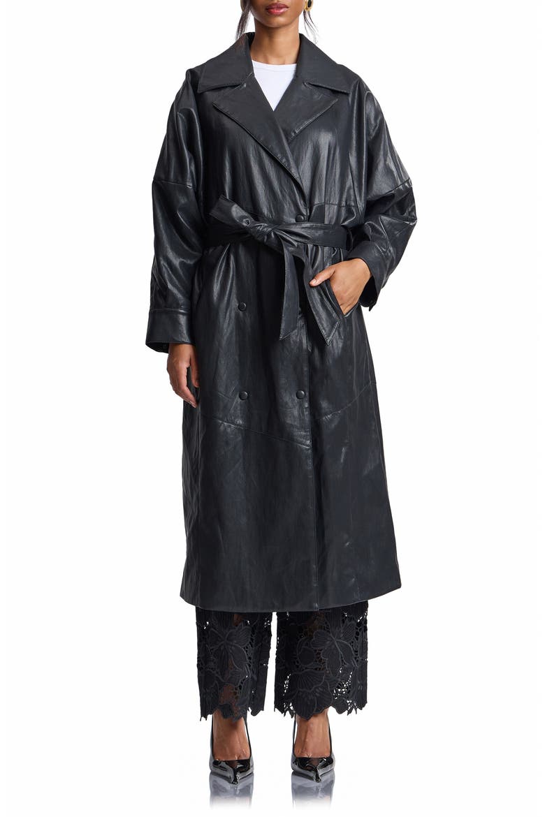 Shoulder Pad Faux Leather Long Coat, Main, color, BLACK