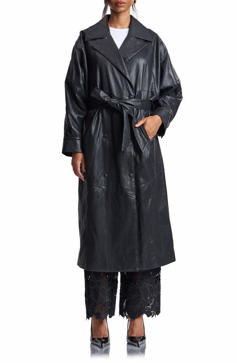 Shoulder Pad Faux Leather Long Coat