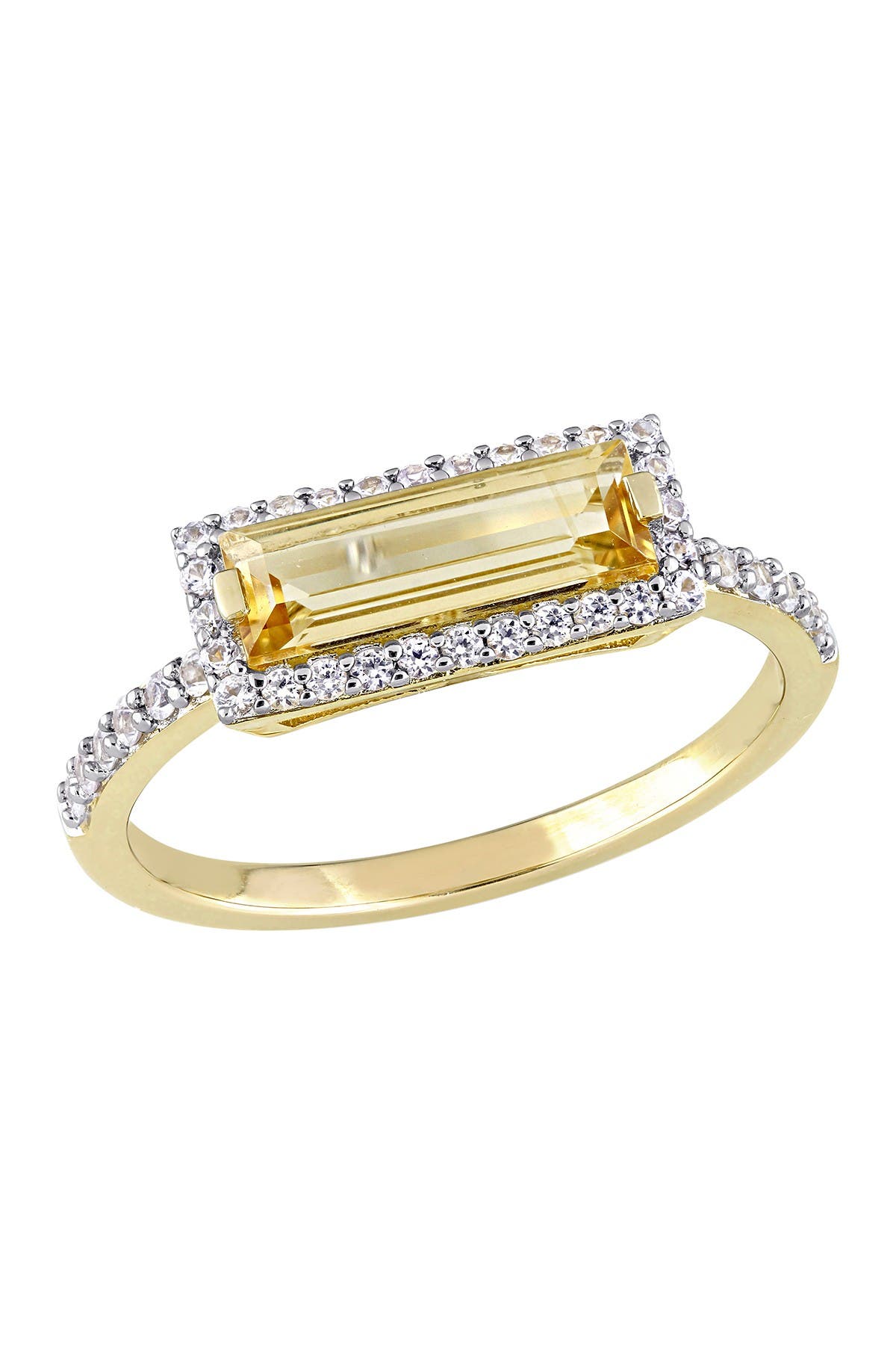 DELMAR Yellow-Tone Sterling Silver Baguette Cut Citrine White Sapphire Halo Ring