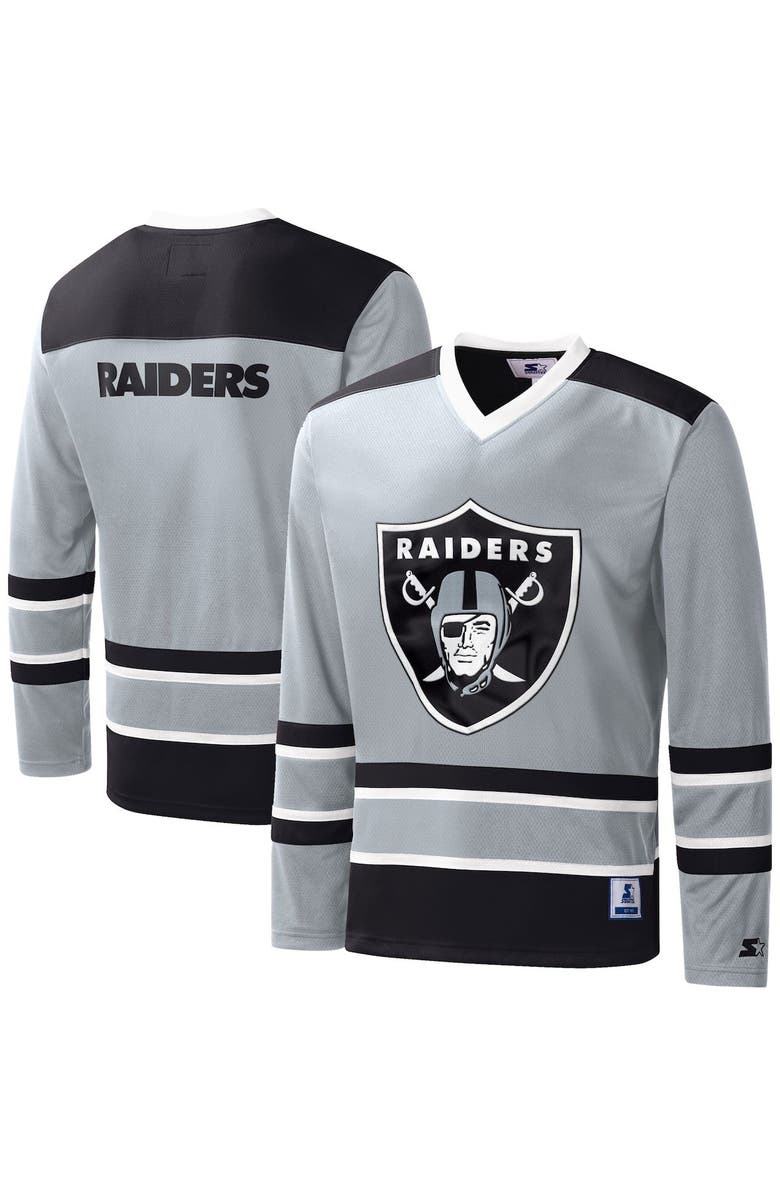 STARTER Men's Starter Silver Las Vegas Raiders Cross-Check V-Neck Long Sleeve T-Shirt, Main, color, Silver