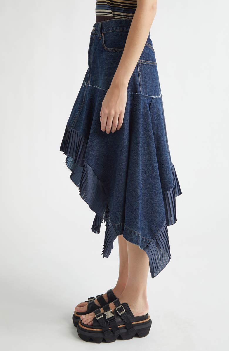Sacai Mixed Media Asymmetric Satin & Denim Midi Skirt, Alternate, color, Blue