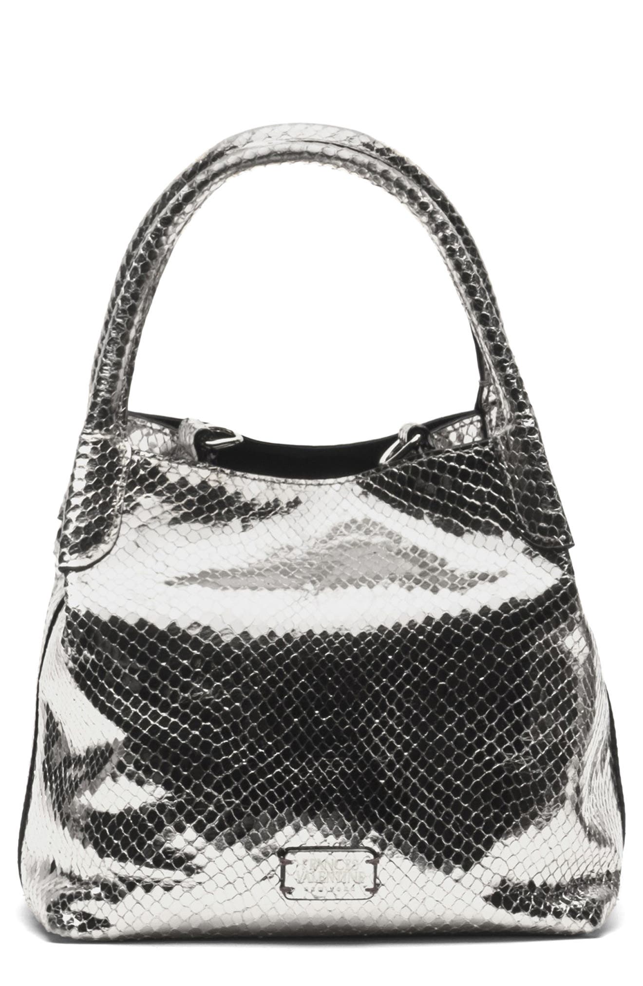 Frances Valentine Teeny Sweet Pea Snakeskin Embossed Metallic Leather Handbag, Main, color, Silver