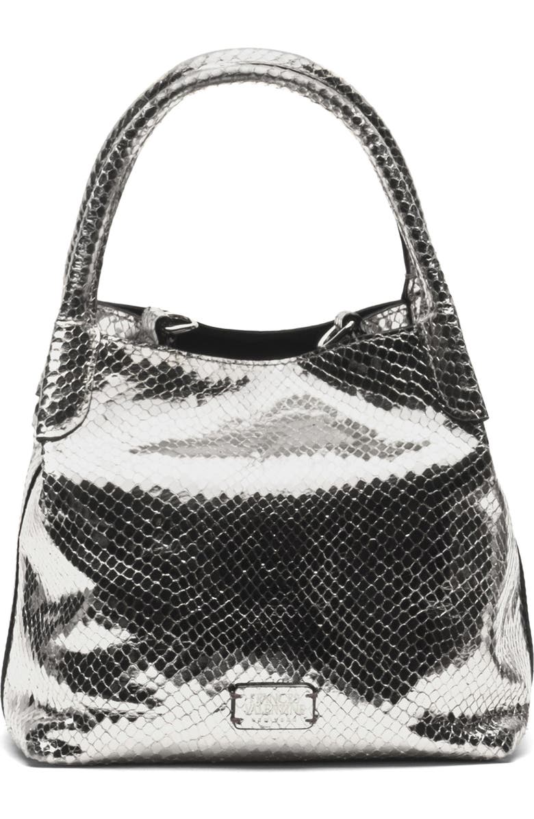 Frances Valentine Teeny Sweet Pea Snakeskin Embossed Metallic Leather Handbag, Main, color, Silver
