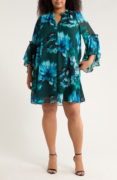 Floral Long Sleeve A-Line Dress (Plus)