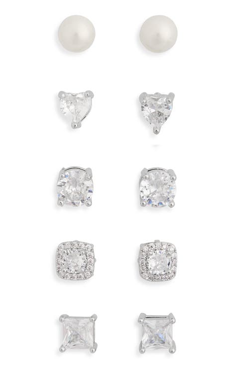 5-Pack Assorted Cubic Zirconia & Faux Pearl Stud Earrings