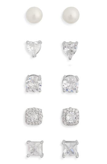 Nordstrom Rack 5-pack Assorted Cubic Zirconia & Faux Pearl Stud Earrings In Clear- Silver- Gold