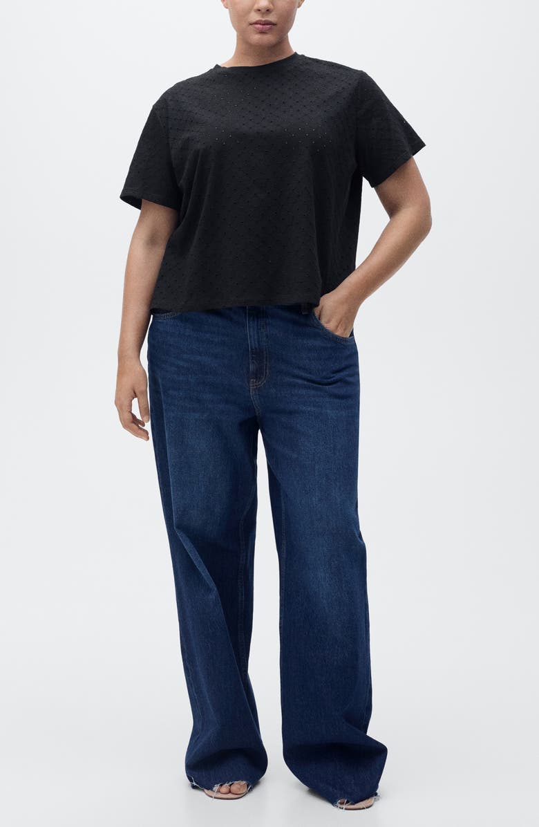 MANGO Embroidered Openwork Cotton T-Shirt, Alternate, color, Black