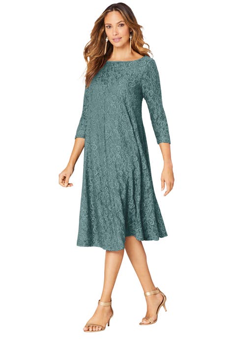 Plus-Size 3/4 Sleeve Boatneck Lace Swing Dress (Plus)